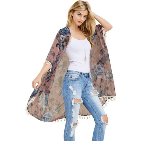 Mauve Floral Print Fringe Open Kimono Shawl Cardigan Kaftan Poncho Cover Up Vest - Picture 5 of 5